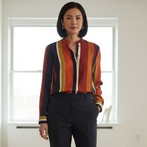 Lafayette 148 Large Brayden Vertical Stripe Tunic Blouse Button Down Silk Small